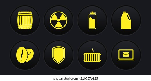 Set Coffee beans, Household chemicals bottle, Shield, Heating radiator, Sport with water and Radioactive icon. Vector