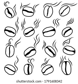 Set of coffee beans icon Isolated silhouette, hand-drawing. Aromatic sketch of coffee beans with smoke. Roasted coffee. Vector illustration.