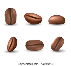 Set of coffee beans isolated on the white background. Realistic vector illustration. Picture with different coffee seeds.