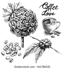 set of coffee beans, leaves and cup in graphic style