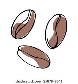 Set of coffee beans in linear hand drawn style. Vector illustration of scattered beans.