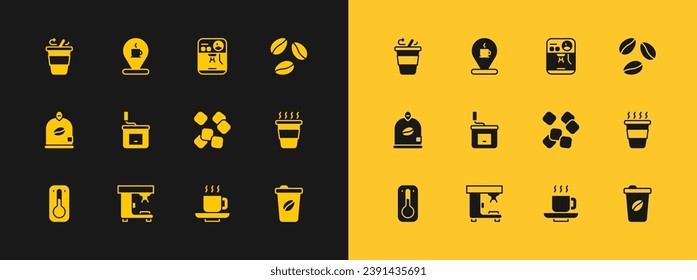 Set Coffee beans, machine, Sugar cubes, cup, Manual coffee grinder, to go and Location with icon. Vector