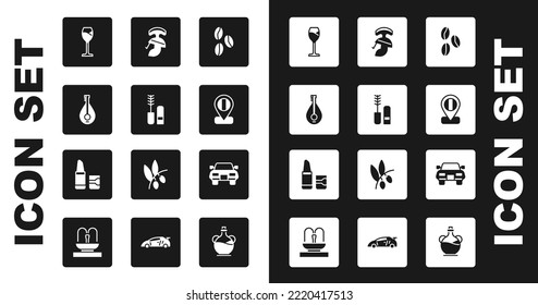 Set Coffee beans, Mascara brush, Mandolin, Wine glass, Location flag Italy, Roman army helmet, Car and Lipstick icon. Vector