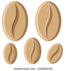 Set of coffee beans on white isolated background. Vector illustration.