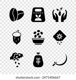 Set Coffee beans, Pack full seeds plant, Plant in hand, Seed, Bag flour, Sickle, Acorn, oak nut, and Seeds bowl icon. Vector