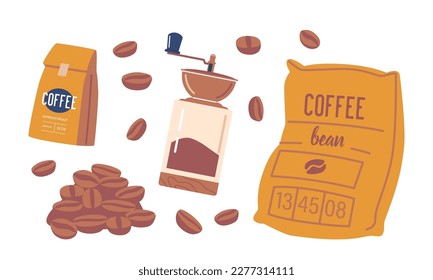 Set of Coffee Beans, A Package, And Grinder Isolated Icons Promoting Coffee-related Products Cartoon Illustration