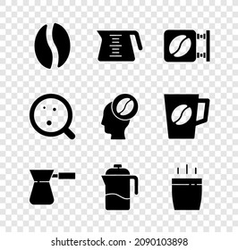 Set Coffee beans, pot, Street signboard coffee, turk, French press, cup,  and Barista icon. Vector