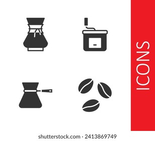 Ponga los granos de café, Vierta sobre la cafetera, el turco y el ícono de molino manual. Vector