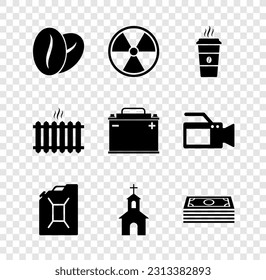 Set Coffee beans, Radioactive, cup, Canister for gasoline, Church building and Stacks paper money cash icon. Vector