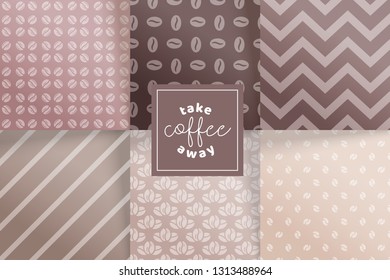 Set of coffee beans seamless patterns, textures design elements. Vector illustration backgrounds pack. 2019 brown color trends
