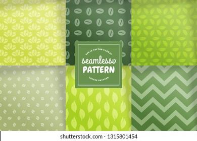 Set of coffee beans seamless patterns, textures design elements. Vector illustration backgrounds pack. 2019 green color trends