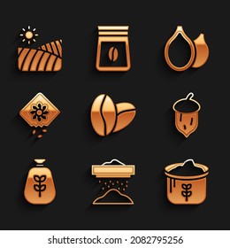 Set Coffee beans, Sifting flour, Bag, Acorn, oak nut, seed, Pack full seeds plant, Pumpkin and Agriculture wheat field icon. Vector