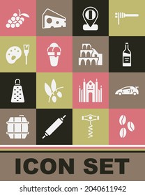 Set Coffee beans, Sport racing car, Bottle wine, Location flag Italy, Ice cream, Paint brush with palette, Grape fruit and Coliseum Rome icon. Vector