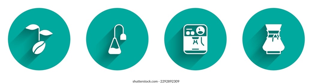 Set Coffee beans, Tea bag, machine and Pour over coffee maker icon with long shadow. Vector