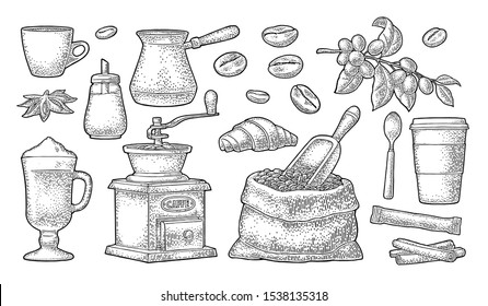 Set coffee. Beans, wooden scoop, sack, hand-held grinder, sugar, branch with leaf and berry, spoon, glass latte with whipped cream. Vintage black vector engraving isolated on white