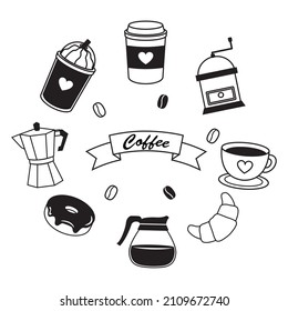 Set of coffee beverage hand drawn doodle stamp. Flat vector cartoon design