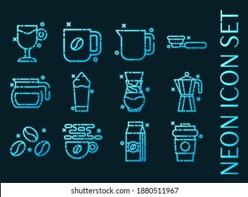 Set of Coffee blue glowing neon icons