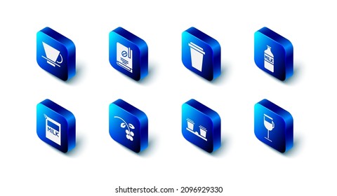 Set Coffee book, cup to go, Bottle with milk, Irish coffee, bean, branch, Paper package for and V60 maker icon. Vector