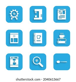 Set Coffee book, Selection coffee beans, Spoon, cup and, machine, Bag, Newspaper and Medal for icon. Vector