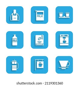 Set Coffee book, Street signboard coffee, V60 maker, machine, French press, Bottle with milk, cup to go and Barista icon. Vector