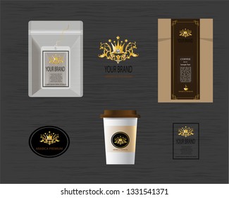 Set of coffee brands packages for coffee cup, box and bag
