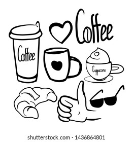 Set of coffee break drawings, fragrant morning coffee for breakfast, vector graphic drawings