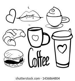 Set of coffee break drawings, fragrant morning coffee for breakfast, vector graphic drawings