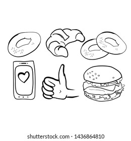 Set of coffee break drawings, fragrant morning coffee for breakfast, vector graphic drawings