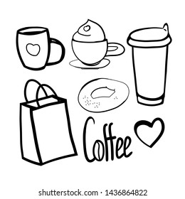 Set of coffee break drawings, fragrant morning coffee for breakfast, vector graphic drawings