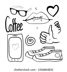 Set of coffee break drawings, fragrant morning coffee for breakfast, vector graphic drawings