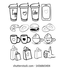 Set of coffee break drawings, fragrant morning coffee for breakfast, vector graphic drawings