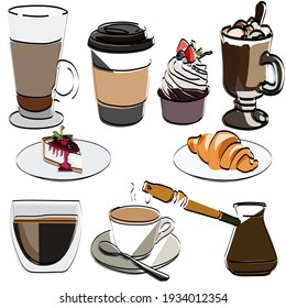Set is coffee. Coffee for breakfast. Cappuccino, espresso, cocoa, hot chocolate, for coffee, croissant on a plate, cheesecake, coffee cup, muffin, vector illustration.