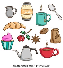Set of Coffee for Breakfast or Lunch With Cute Doodle Style