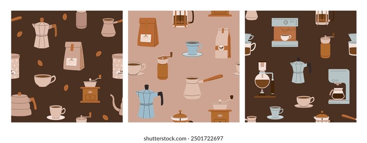 Set aus Kaffeebrühe und Zubehör nahtloses Muster. Bohnen, Espresso, Cappuccino, Latte-Cup-Hintergrund. Vektorgrafik