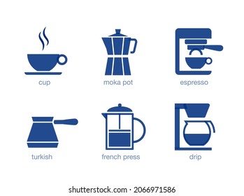 Set of coffee brewing methods icons. Vector elements. EPS10.