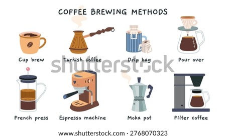 Set with coffee brewing methods like pour over, french press, moka pot and more. Preparation guide for specialty coffee culture and home brewing. Trendy modern vector illustration, flat design