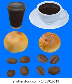 Set of Coffee and Bun on white