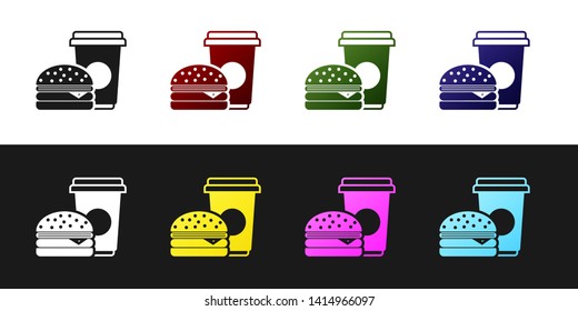 Set Coffee and burger icon isolated on black and white background. Fast food symbol. Vector Illustration
