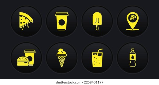 Set Coffee and burger, Location with slice pizza, Ice cream in waffle cone, Glass water, cup, Bottle and Slice icon. Vector