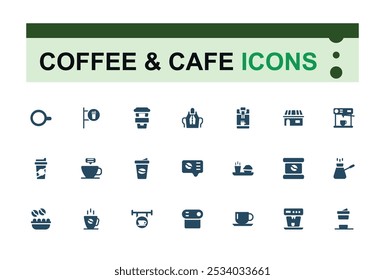 Conjunto de café e café preenchido ícones conjunto. Relacionado a cafeteria, feijão, café expresso, xícara de café, barista, cerveja, cappuccino. Coleção de ícones sólidos. Ilustração vetorial perfeita em pixel.