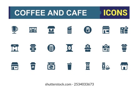 Conjunto de café e café preenchido ícones conjunto. Relacionado a cafeteria, feijão, café expresso, xícara de café, barista, cerveja, cappuccino. Coleção de ícones sólidos. Ilustração vetorial perfeita em pixel.