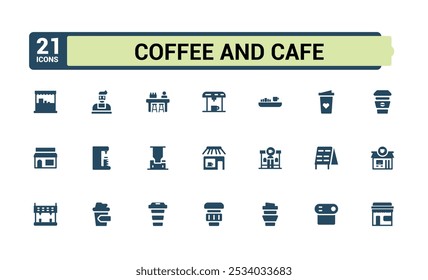 Conjunto de café e café preenchido ícones conjunto. Relacionado a cafeteria, feijão, café expresso, xícara de café, barista, cerveja, cappuccino. Coleção de ícones sólidos. Ilustração vetorial perfeita em pixel.