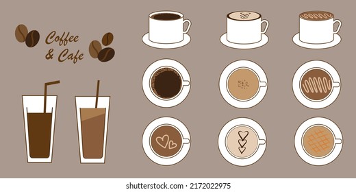  Set of Coffee and Cafe Icon. Coffee drink illustration collection. Cafe, Coffee shop design vector elements. Vector illustration.