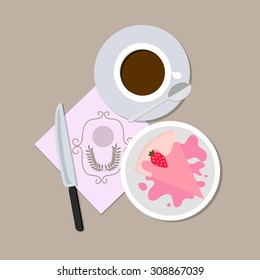 set coffee and cake with knife spoon on brown background vector illustration on brown  background isolated
