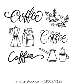 A set of coffee calligraphy inscriptions. Hand drawn vector logotype with lettering typography  with accessories on white background. Illustration with slogan for print, banner, flyer, poster, sticker