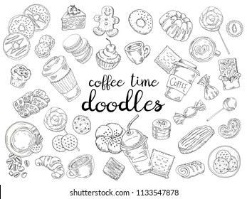 Set of coffee, candy, cakes, buns and biscuits isolated on white background. Hand drawn doodle grahic.