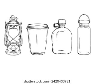 Set of coffee cap, hurricane lamp and water bottle line shapes, Hand sketch line drawing  vector illustration.