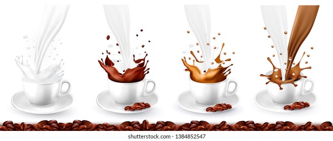 Set Of Coffee, Cappuccino And Milk Splash In Cups. Vector Illustration.