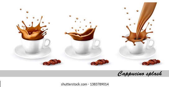 Conjunto de café e cappuccino salpicar na xícara. Ilustração vetorial.
