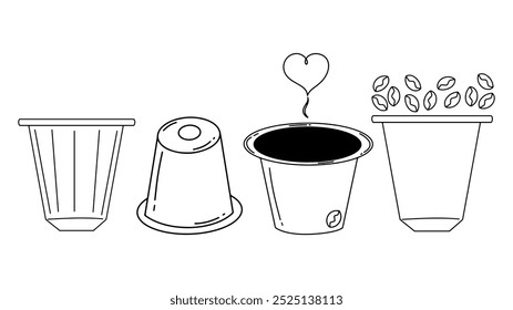 Conjunto de cápsulas de café en estilo doodle. Ilustraciones vectoriales. 